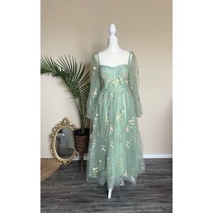 Women's Puffy Sleeve Prom Dresses Flower Embroidery Tulle